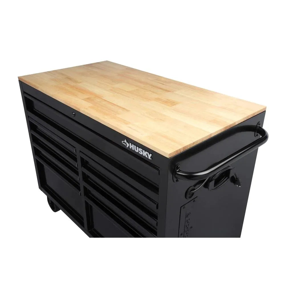 46-in W x 24.5-in D 9-Drawer Mobile Workbench with Hardwood Top and Power Station – Gloss Black