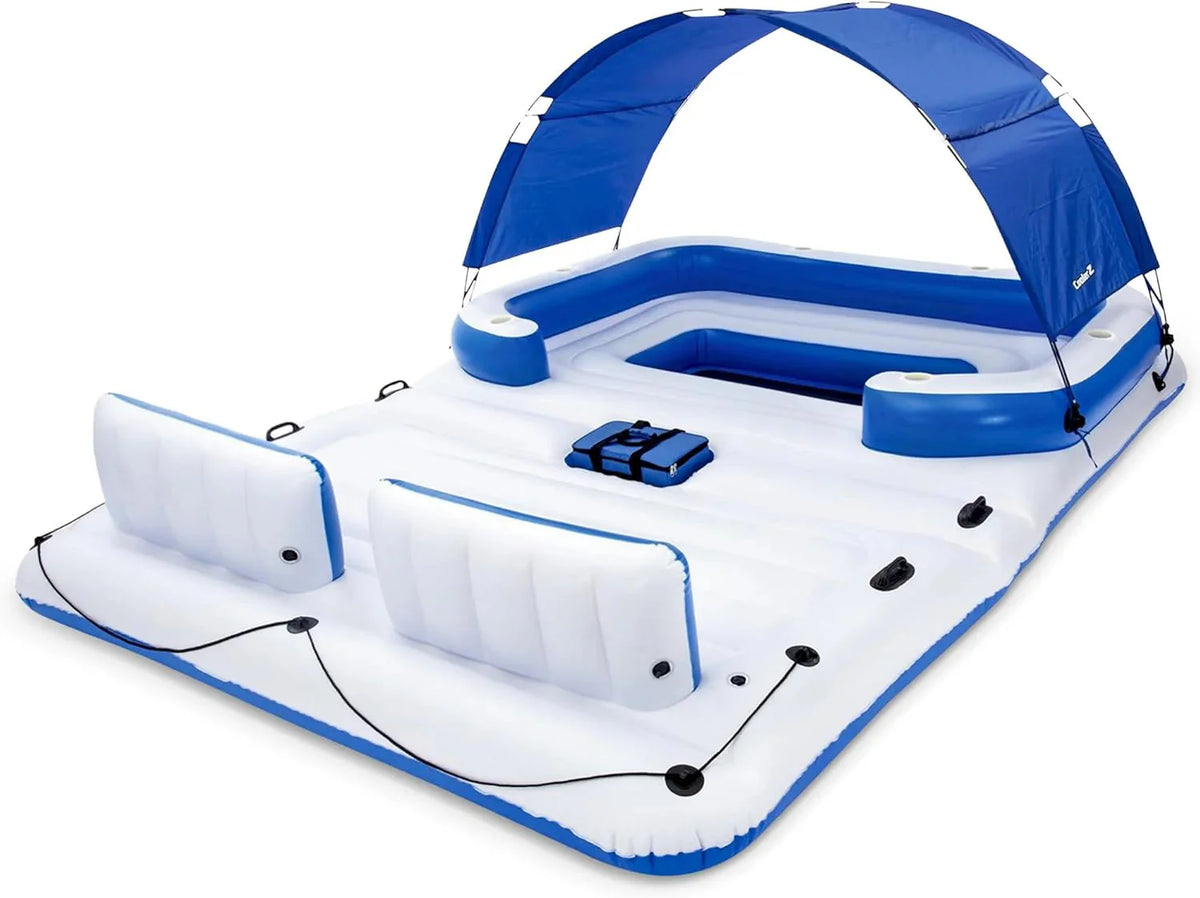 Tropical Breeze 6 Person Inflatable Party Island Large Relaxing Water Float with Detachable Sunshade and Cooler Bag