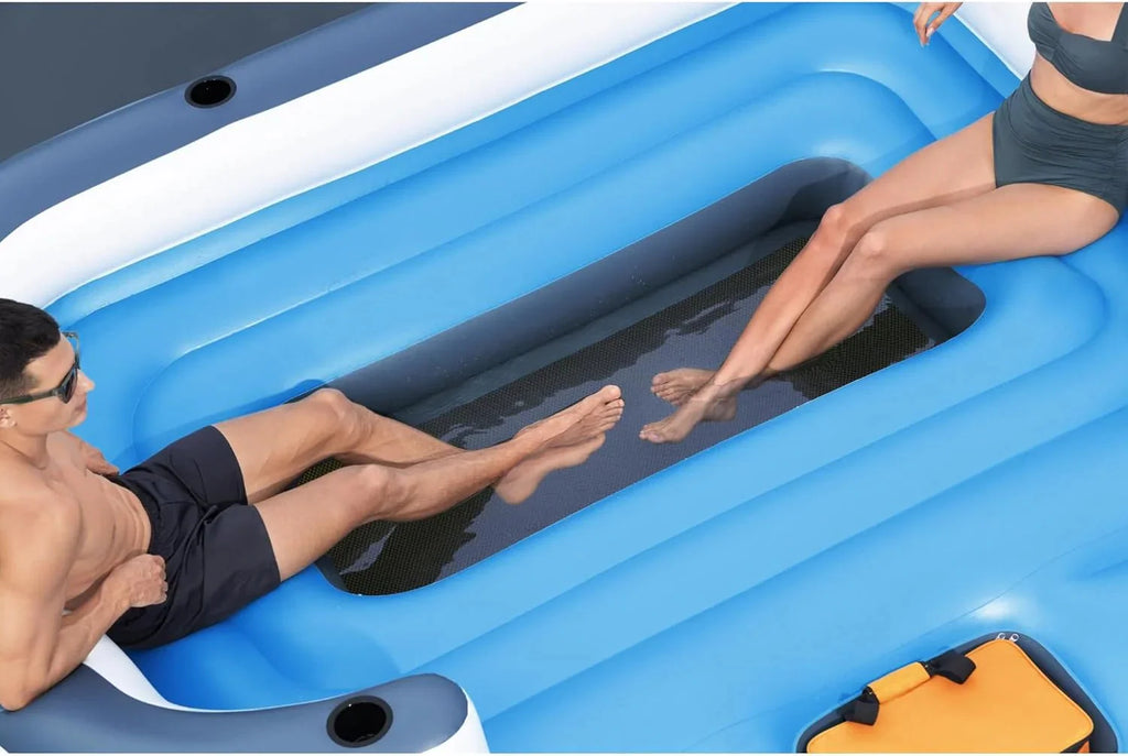 Tropical Breeze 6 Person Inflatable Party Island Large Relaxing Water Float with Detachable Sunshade and Cooler Bag