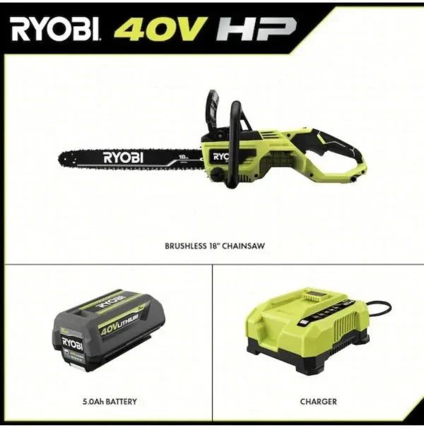 Ryobi 18′′ 40V Cordless Chainsaw Kit with Battery & Charger, Green