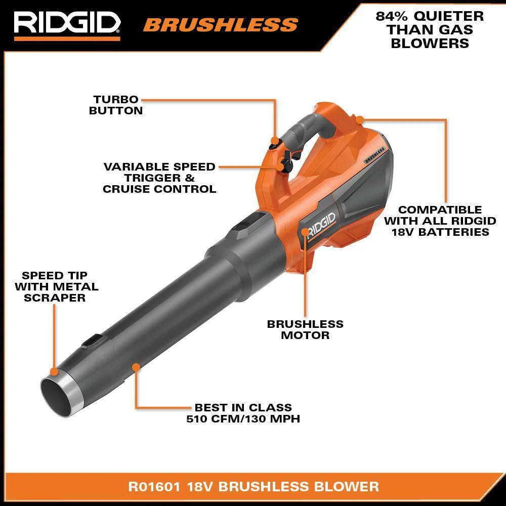 RIDGID 18V Brushless Cordless Leaf Blower, 510 CFM, 130 MPH, with 6.0Ah Battery & Charger