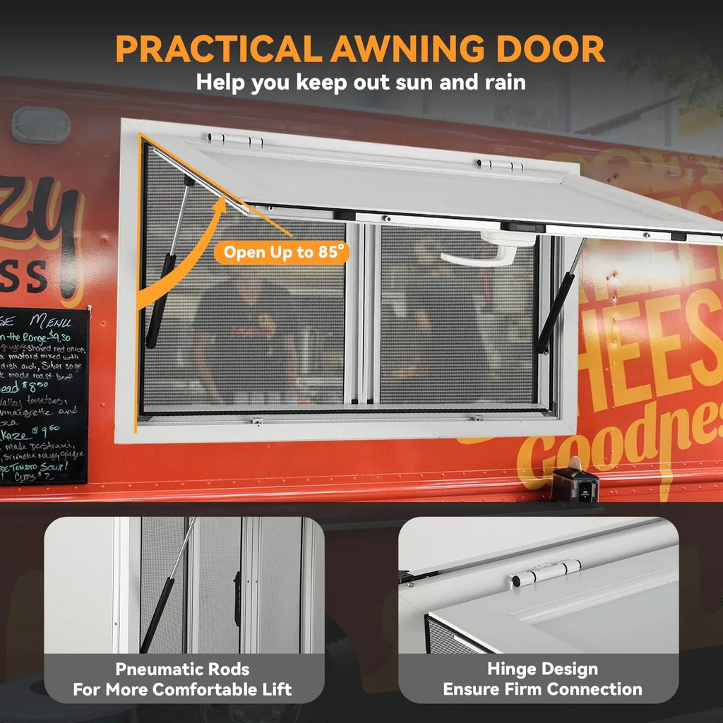 Concession Window 36W x 36H Aluminum Alloy Food Truck Service Window with Sliding Screens & Awning Door, Hydraulic Lift, Locking Mechanism, Versatile for Catering