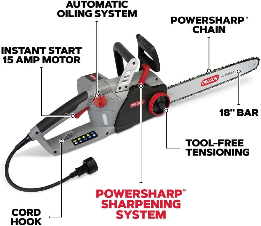 Oregon CS1500 18-inch 15 Amp Self-Sharpening Corded Electric Chainsaw, with Integrated Self-Sharpening System (PowerSharp), 2-Year Warranty, 120V, Grey, Black