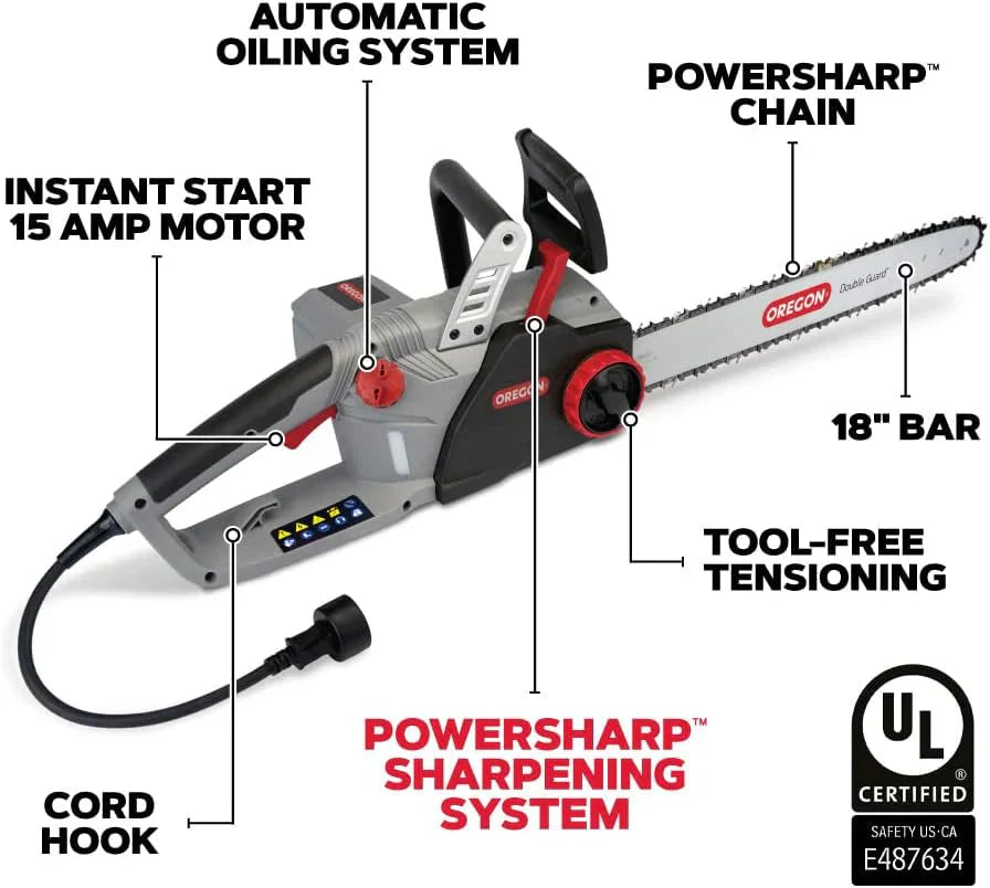 Oregon CS1500 18-inch 15 Amp Self-Sharpening Corded Electric Chainsaw, with Integrated Self-Sharpening System (PowerSharp), 2-Year Warranty, 120V, Grey, Black