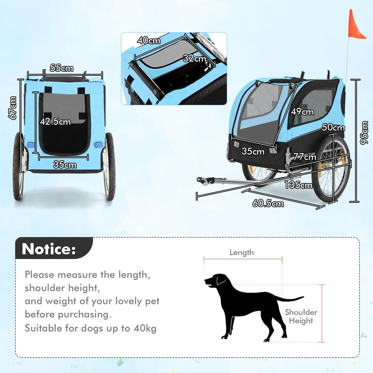 Pet Bike Trailer Holds 40kg Bicycle Trailer for Small & Medium-Sized Dogs