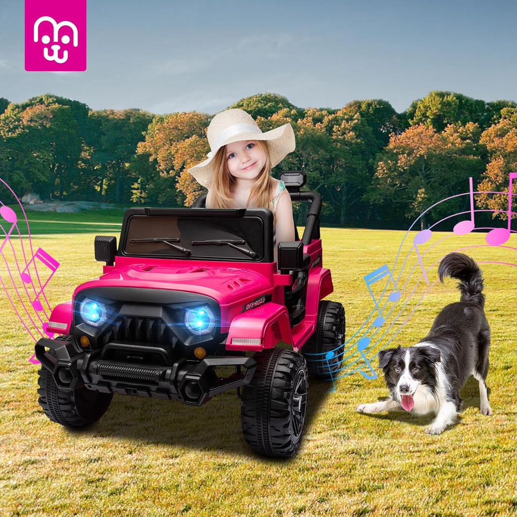 12V Kids Electric Ride on Truck Car Remote Control, Twin 35W Motors 3.5MPH Max Speed, Bluetooth USB Music Player, 4 Wheels Suspension LED Lights Safety Belt, Gift for Boy & Girl-Rosy
