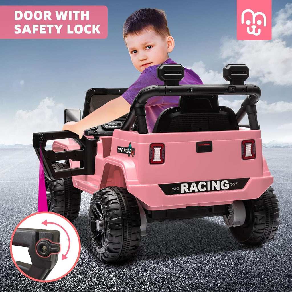 12V Kids Electric Ride on Truck Car Remote Control, Twin 35W Motors 3.5MPH Max Speed, Bluetooth USB Music Player, 4 Wheels Suspension LED Lights Safety Belt, Gift for Boy & Girl-Rosy