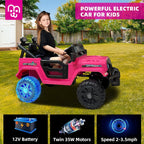 12V Kids Electric Ride on Truck Car Remote Control, Twin 35W Motors 3.5MPH Max Speed, Bluetooth USB Music Player, 4 Wheels Suspension LED Lights Safety Belt, Gift for Boy & Girl-Rosy