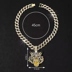 Tiger Head Pendant Necklace With Green Eyes, 13mm Cuban Link Chain, 20in - Gold Or Silvery
