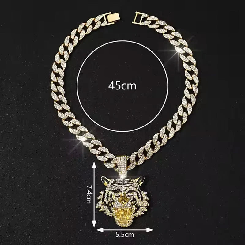 Tiger Head Pendant Necklace With Green Eyes, 13mm Cuban Link Chain, 20in - Gold Or Silvery