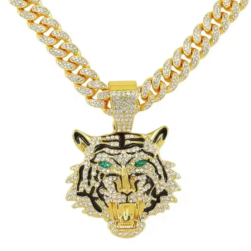 Tiger Head Pendant Necklace With Green Eyes, 13mm Cuban Link Chain, 20in - Gold Or Silvery