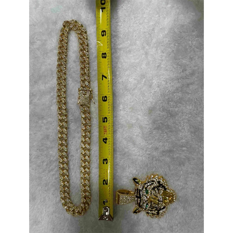 Tiger Head Pendant Necklace With Green Eyes, 13mm Cuban Link Chain, 20in - Gold Or Silvery