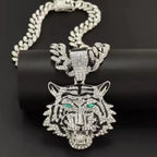 Tiger Head Pendant Necklace With Green Eyes, 13mm Cuban Link Chain, 20in - Gold Or Silvery