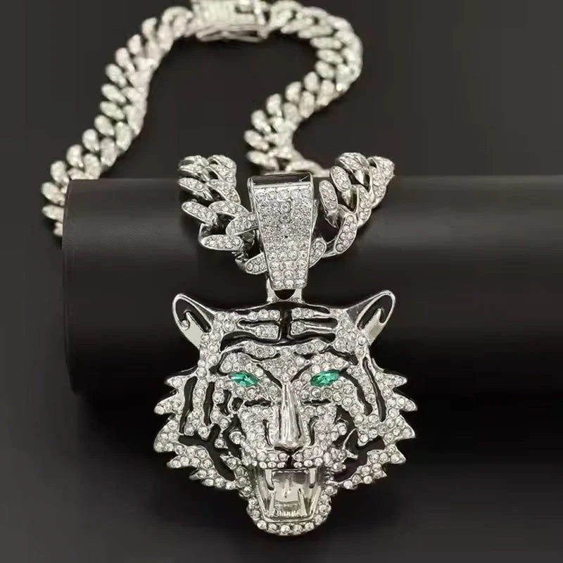 Tiger Head Pendant Necklace With Green Eyes, 13mm Cuban Link Chain, 20in - Gold Or Silvery