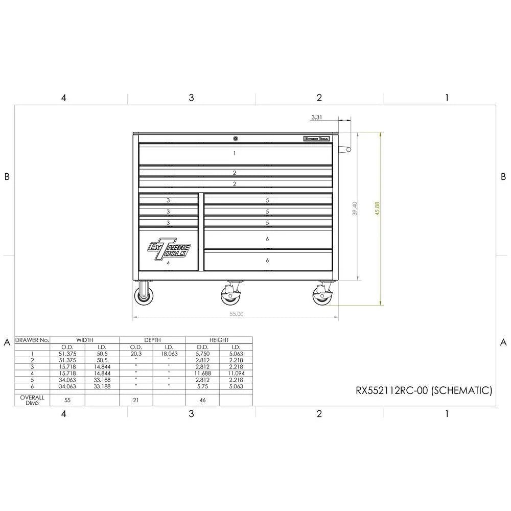 55-Inch 12-Drawer Roller Cabinet Tool Chest - Model THD552112RCBL