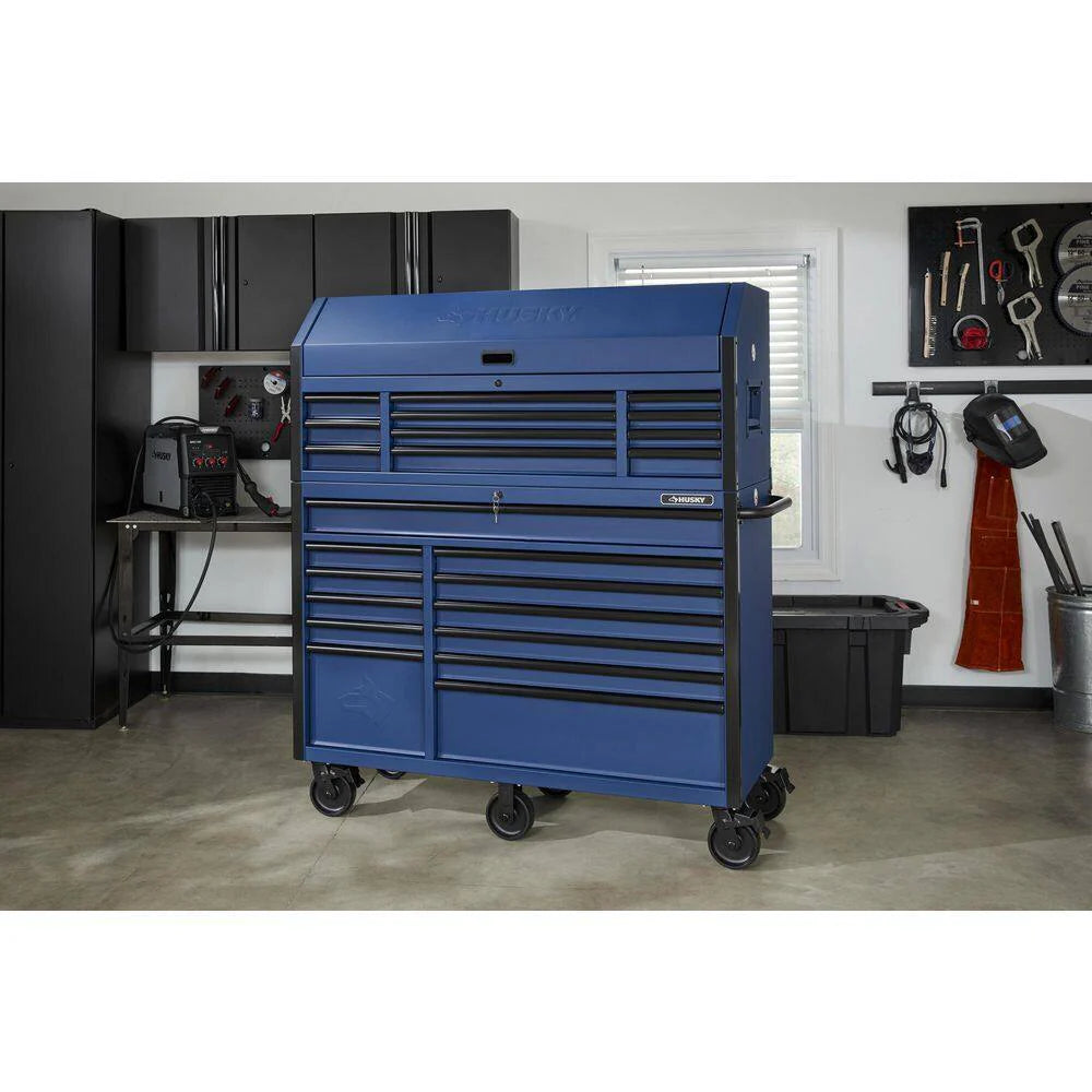 2025 56 in. W x 22 in. D Heavy Duty 23-Drawer Combination Rolling Tool Chest and Top Tool Cabinet Set in Matte Blue