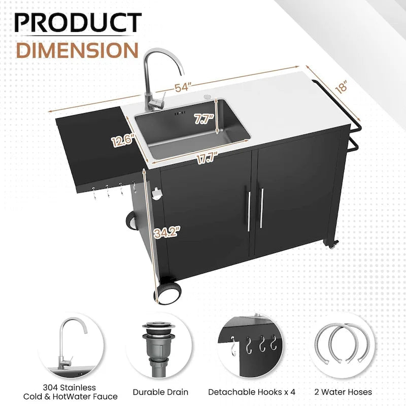 AECOJOY Stainless Steel Outdoor Kitchen Sink with Hose Hookup and Grill Prep Table Island Cabinets