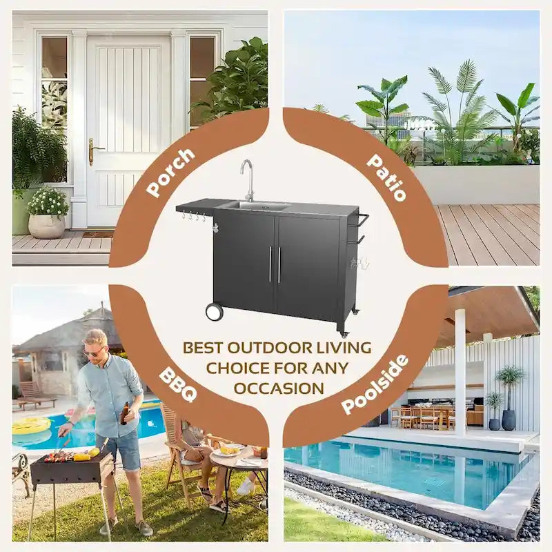 AECOJOY Stainless Steel Outdoor Kitchen Sink with Hose Hookup and Grill Prep Table Island Cabinets