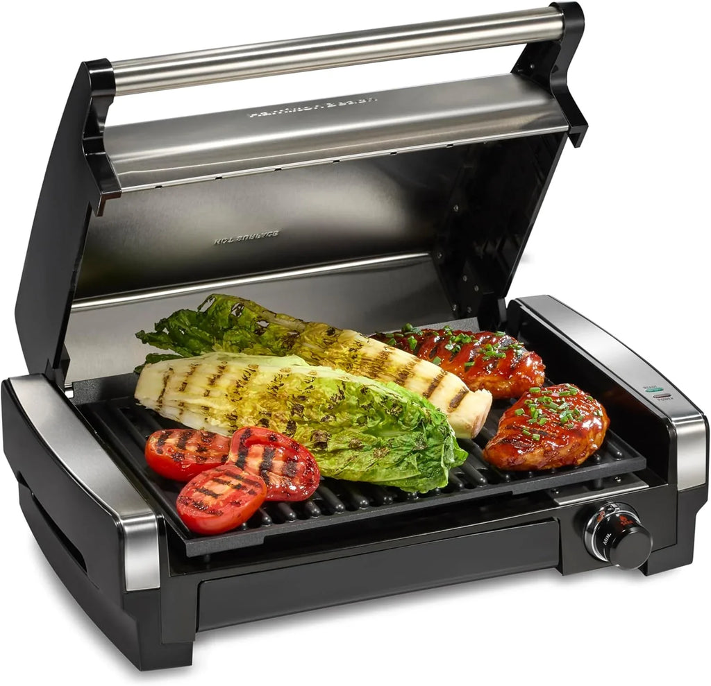 Hamilton Beach Electric Indoor Searing Grill with Viewing Window & Adjustable Temperature Control to 450F, 118 sq. in. Surface Serves 6, PFAS-Free Removable Nonstick Grate, Stainless Steel