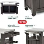 Keter Outdoor Rolling Table Cart for Food Prep, Storage, Bar & Grill, Dark Brown