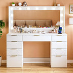 Fixwal 45.3" White Makeup Vanity Table with 9 Drawers, LED Lighted Mirror & Power Outlet