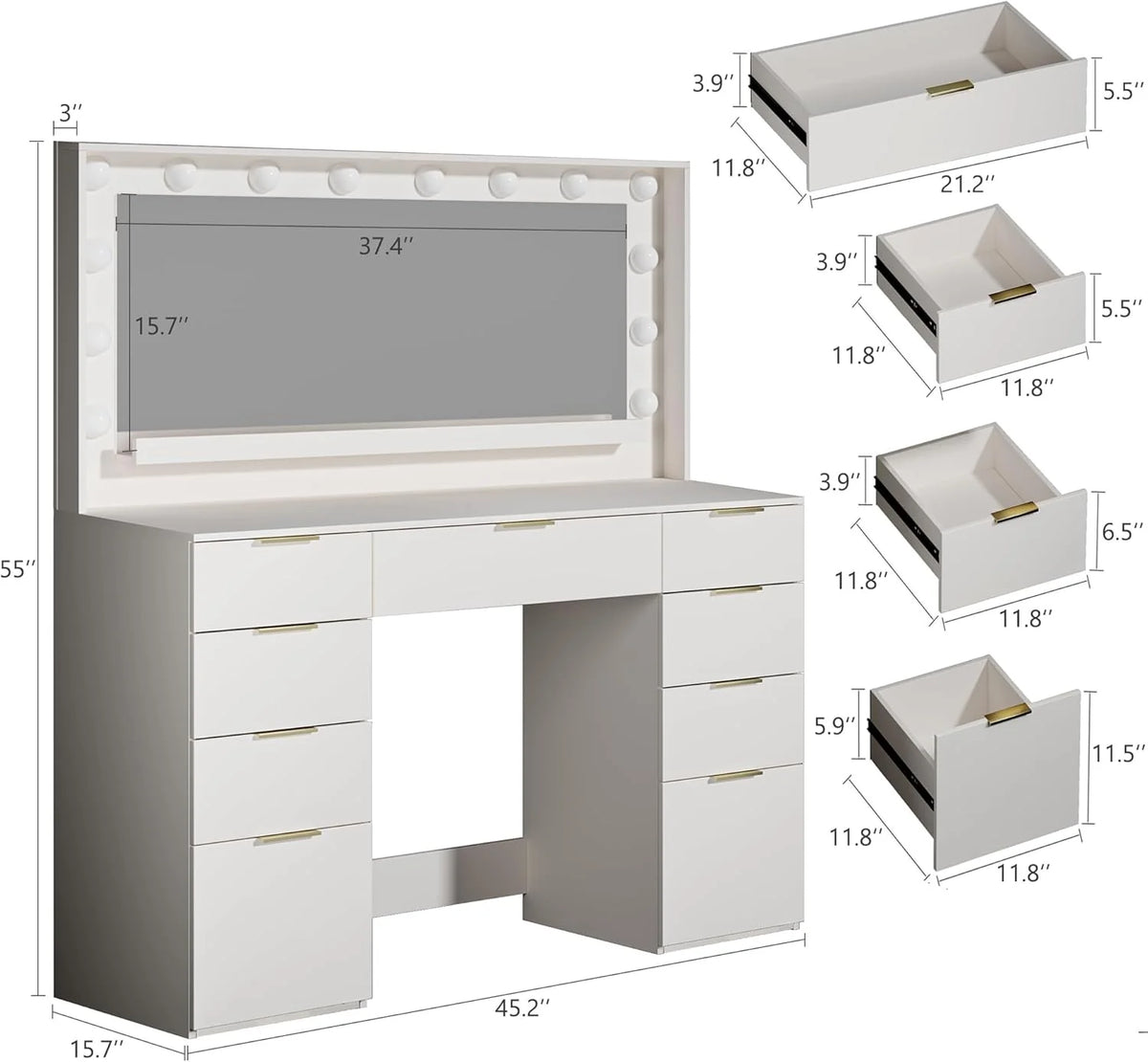 Fixwal 45.3" White Makeup Vanity Table with 9 Drawers, LED Lighted Mirror & Power Outlet