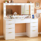 Fixwal 45.3" White Makeup Vanity Table with 9 Drawers, LED Lighted Mirror & Power Outlet