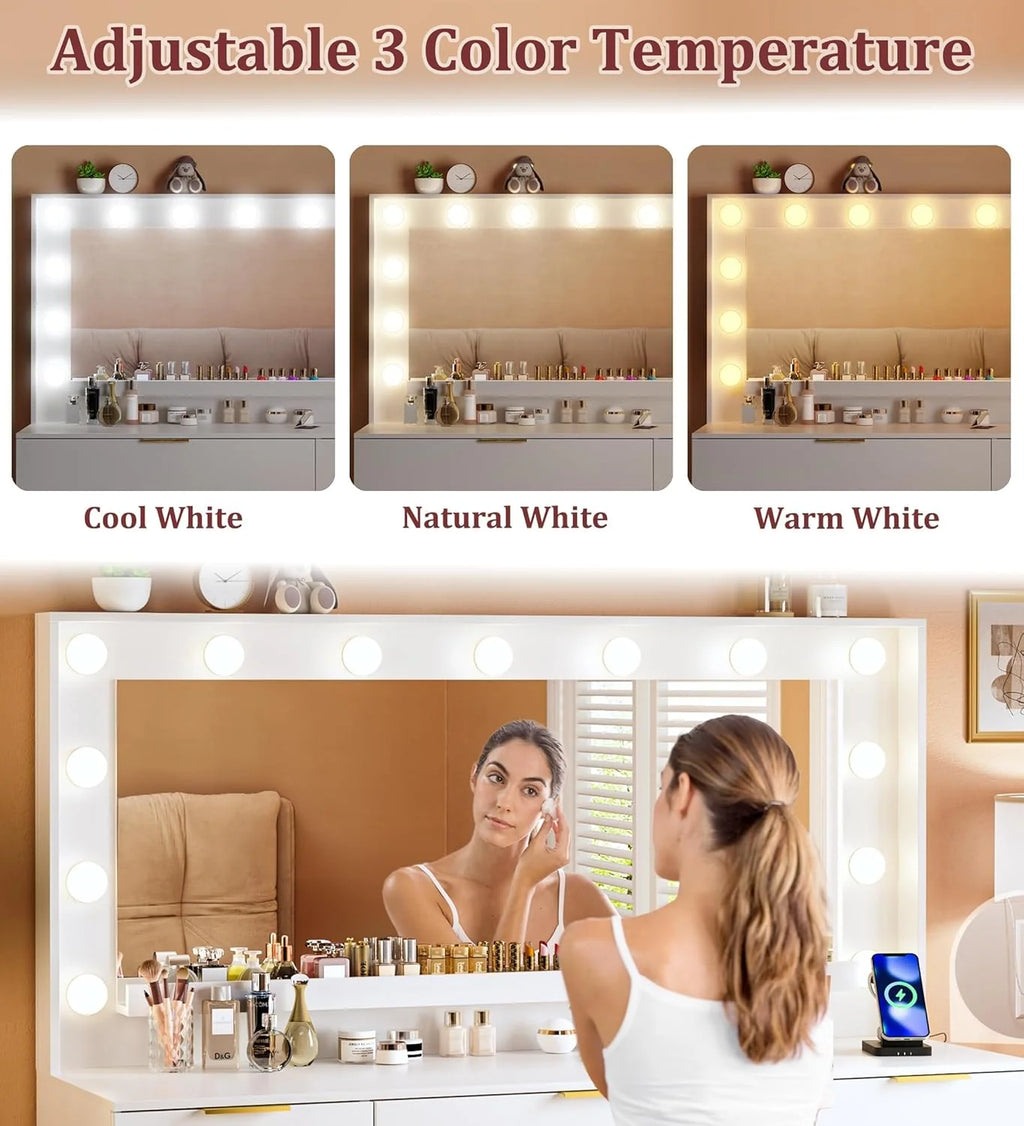 Fixwal 45.3" White Makeup Vanity Table with 9 Drawers, LED Lighted Mirror & Power Outlet