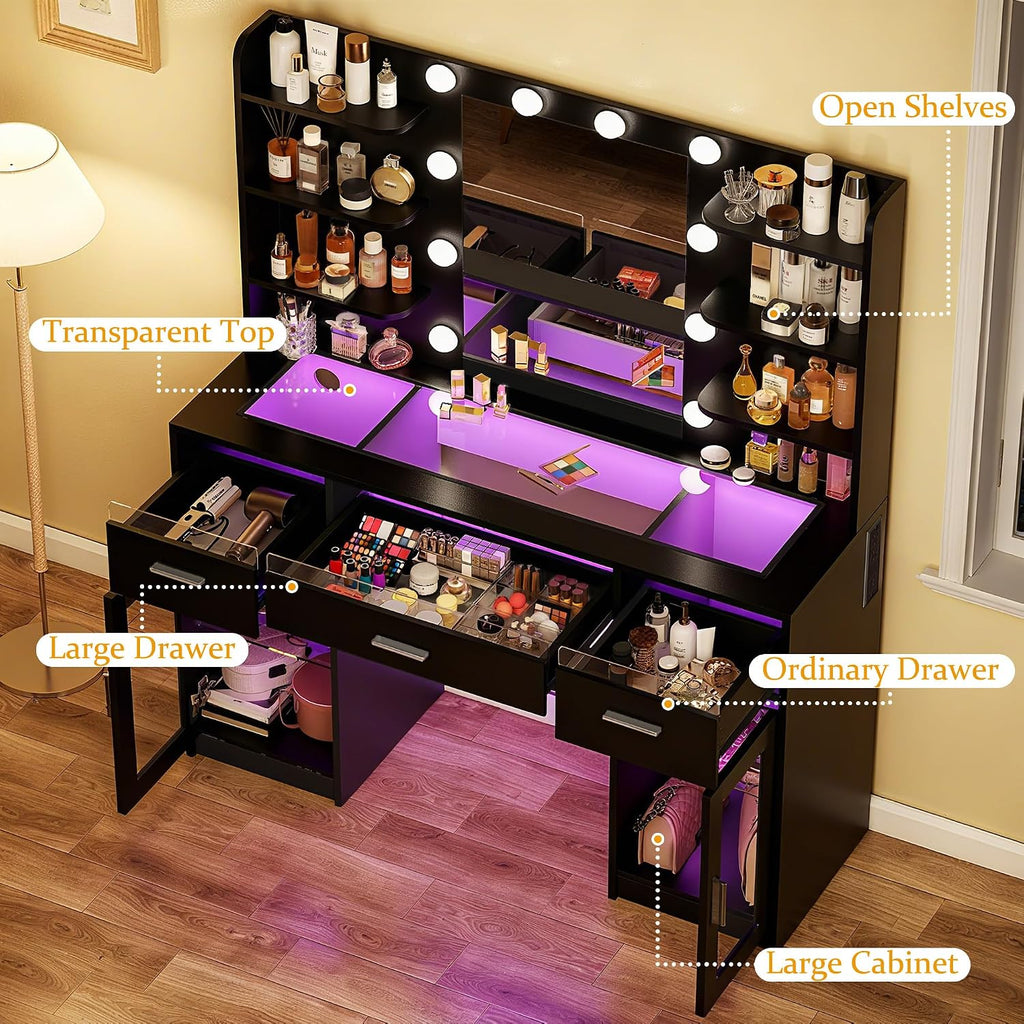 Fixwal Black Luxury Makeup Vanity Table with Tempered Glass Top, LED Mirror & RGB Lighting