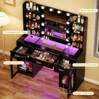 Fixwal Black Luxury Makeup Vanity Table with Tempered Glass Top, LED Mirror & RGB Lighting