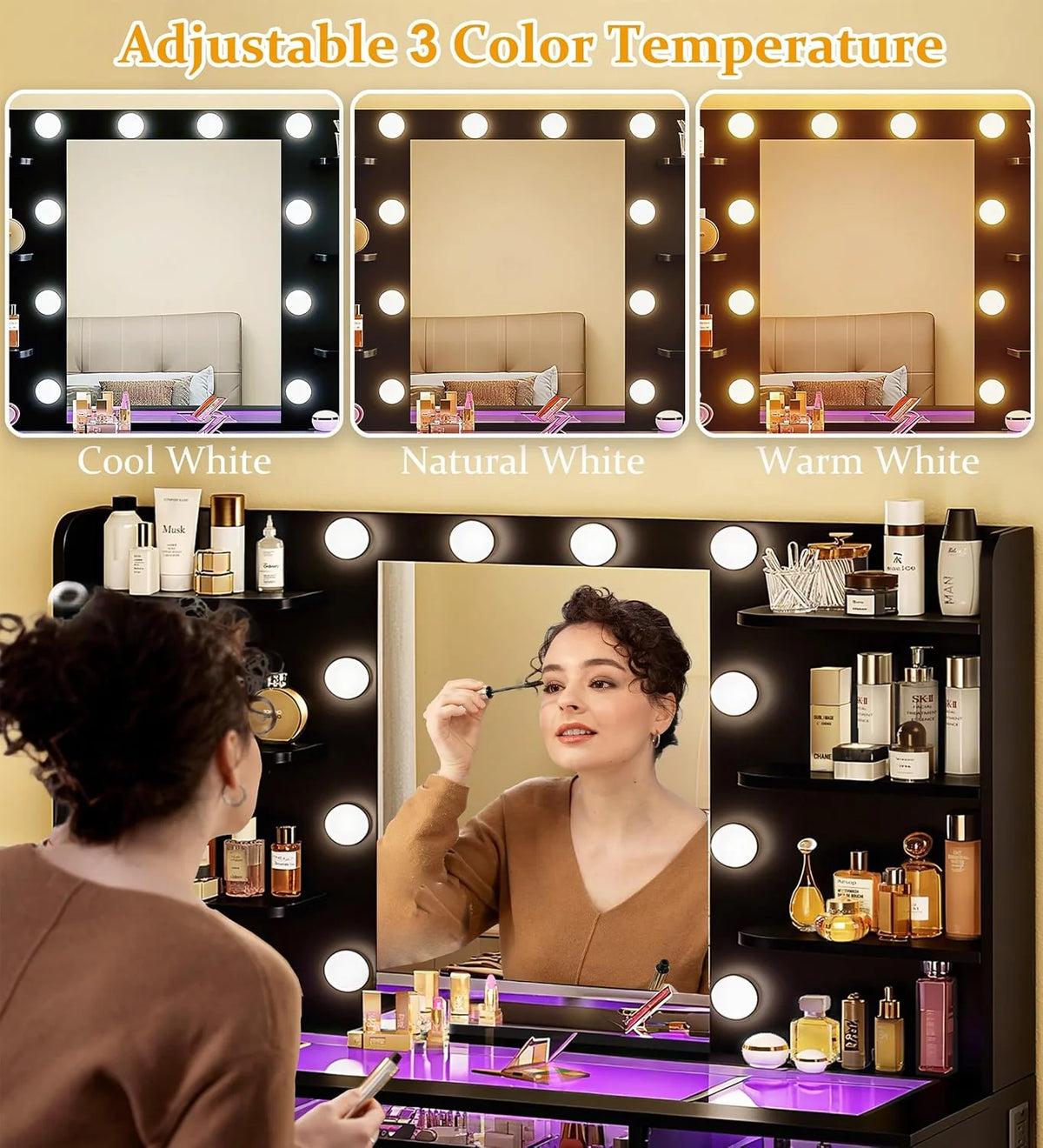 Fixwal Black Luxury Makeup Vanity Table with Tempered Glass Top, LED Mirror & RGB Lighting
