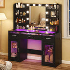 Fixwal Black Luxury Makeup Vanity Table with Tempered Glass Top, LED Mirror & RGB Lighting