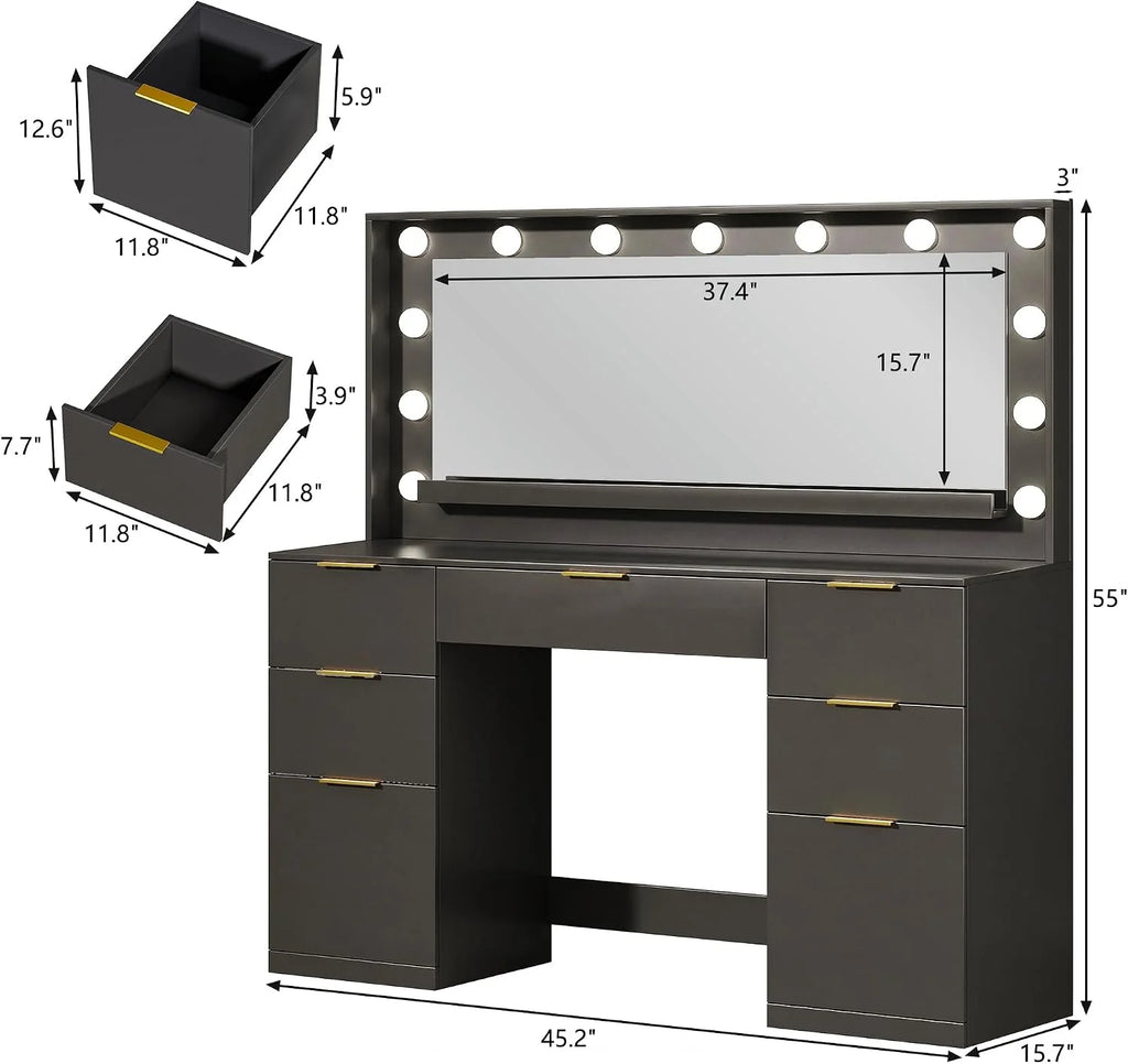 Fixwal Vanity Desk, 45.3in Makeup Vanity with 7 Drawers & Large Mirror, Black Vanity Desk for Bedroom