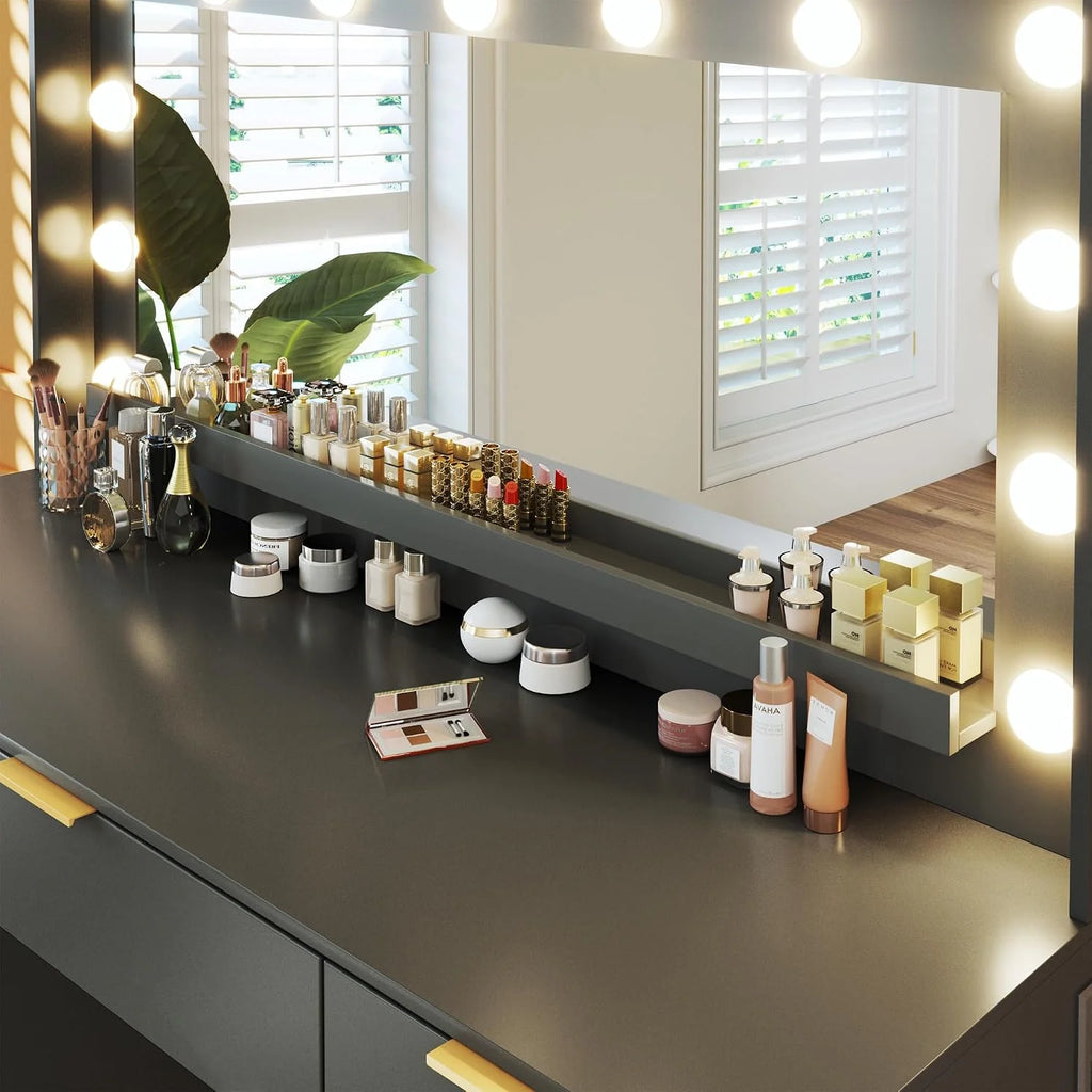 Fixwal Vanity Desk, 45.3in Makeup Vanity with 7 Drawers & Large Mirror, Black Vanity Desk for Bedroom