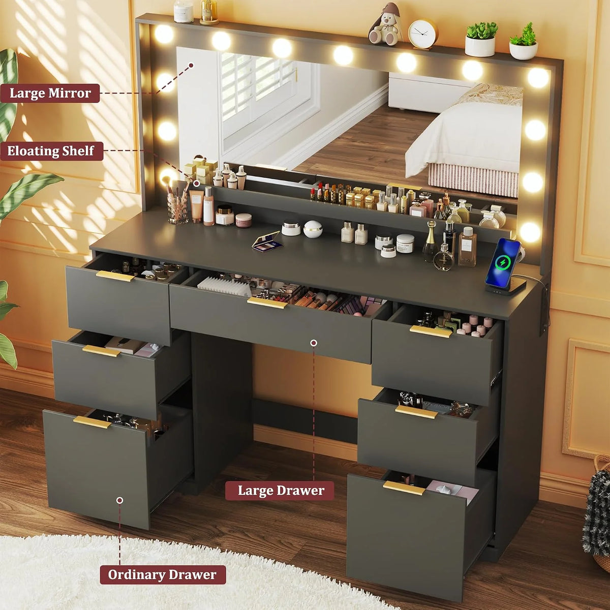 Fixwal Vanity Desk, 45.3in Makeup Vanity with 7 Drawers & Large Mirror, Black Vanity Desk for Bedroom