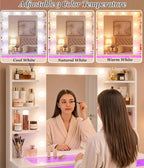Fixwal Vanity Desk with Mirror and Lights, Makeup Vanity Table with RGB Drawers, 3-Color LED Lighting, Tempered Glass Top, 6 Shelves, Power Outlet, 35.4"W x 15.7"L x 55.1"H