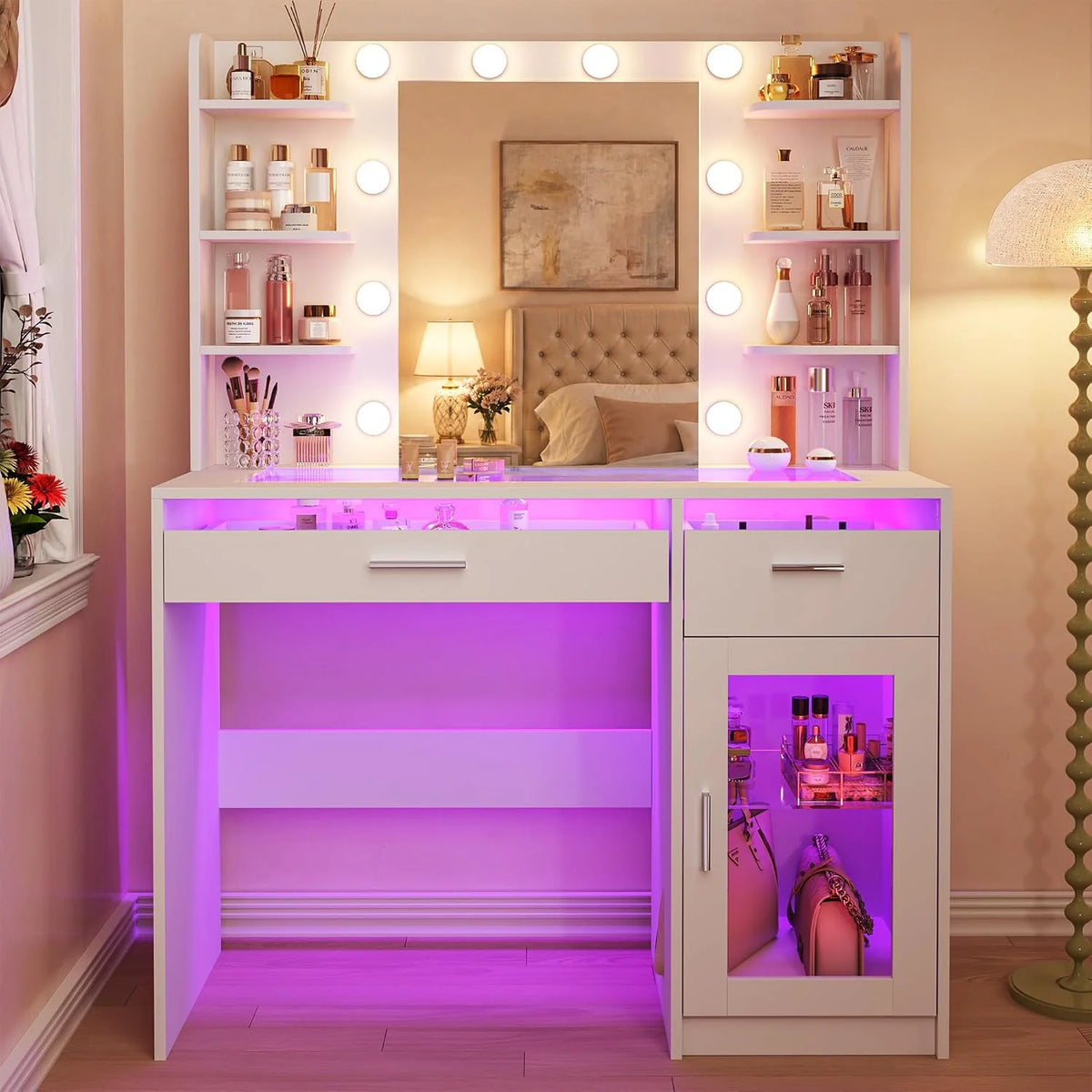Fixwal Vanity Desk with Mirror and Lights, Makeup Vanity Table with RGB Drawers, 3-Color LED Lighting, Tempered Glass Top, 6 Shelves, Power Outlet, 35.4"W x 15.7"L x 55.1"H
