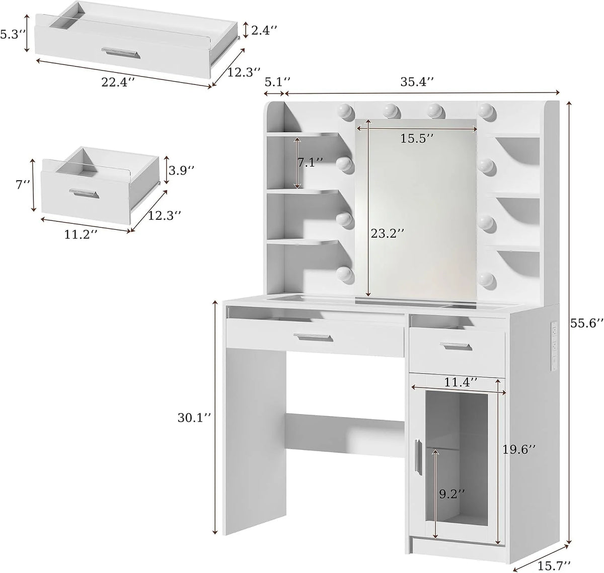 Fixwal Vanity Desk with Mirror and Lights, Makeup Vanity Table with RGB Drawers, 3-Color LED Lighting, Tempered Glass Top, 6 Shelves, Power Outlet, 35.4"W x 15.7"L x 55.1"H