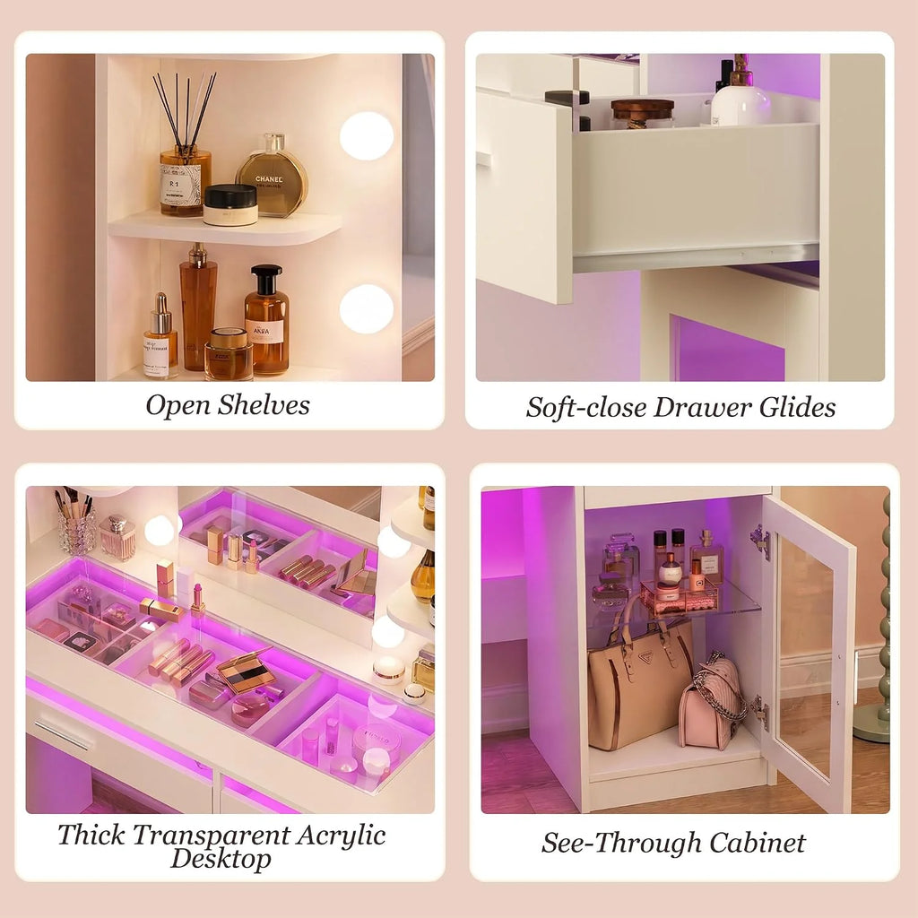 Fixwal Vanity Desk with Mirror and Lights, Makeup Vanity Table with RGB Drawers, 3-Color LED Lighting, Tempered Glass Top, 6 Shelves, Power Outlet, 35.4"W x 15.7"L x 55.1"H