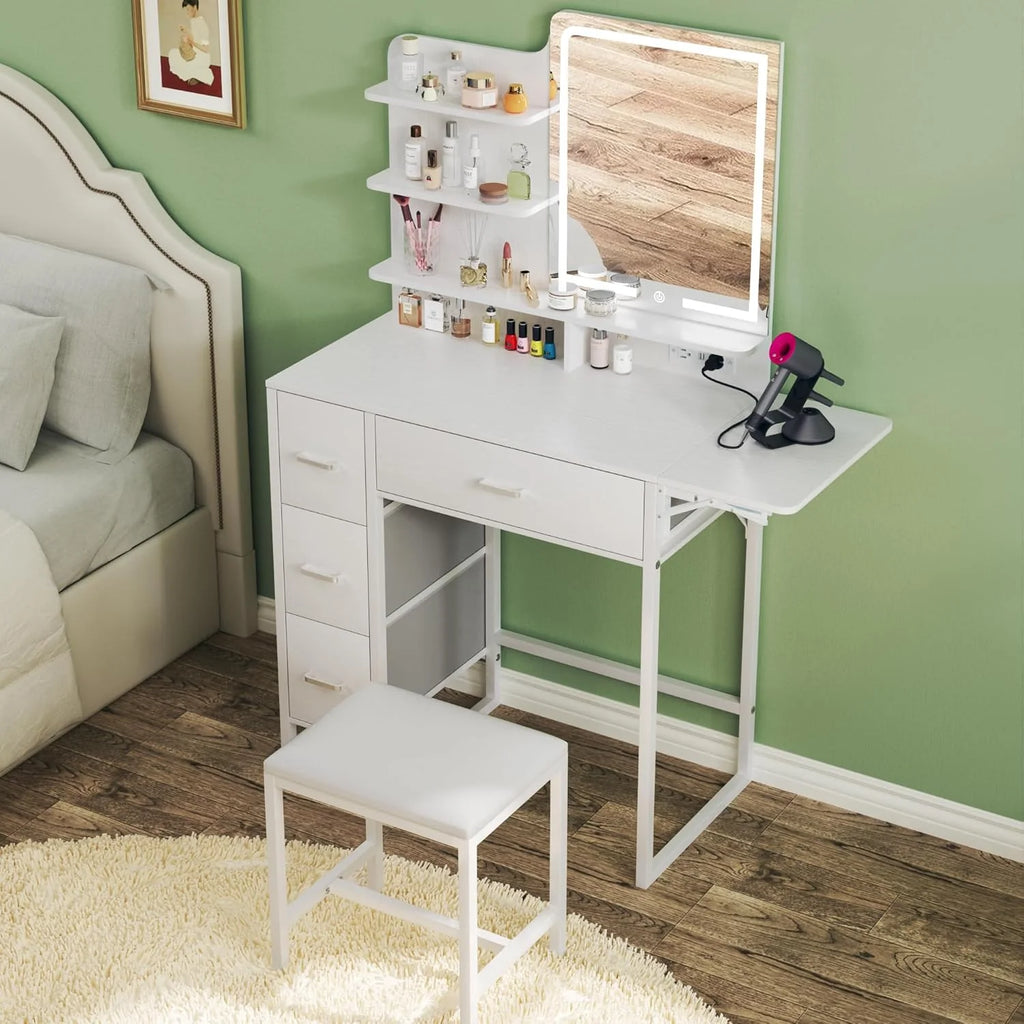 Fixwal 36.6" Makeup Vanity Table with 4 Drawers, LED Lighted Mirror & Charging Station