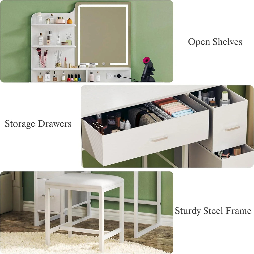 Fixwal 36.6" Makeup Vanity Table with 4 Drawers, LED Lighted Mirror & Charging Station