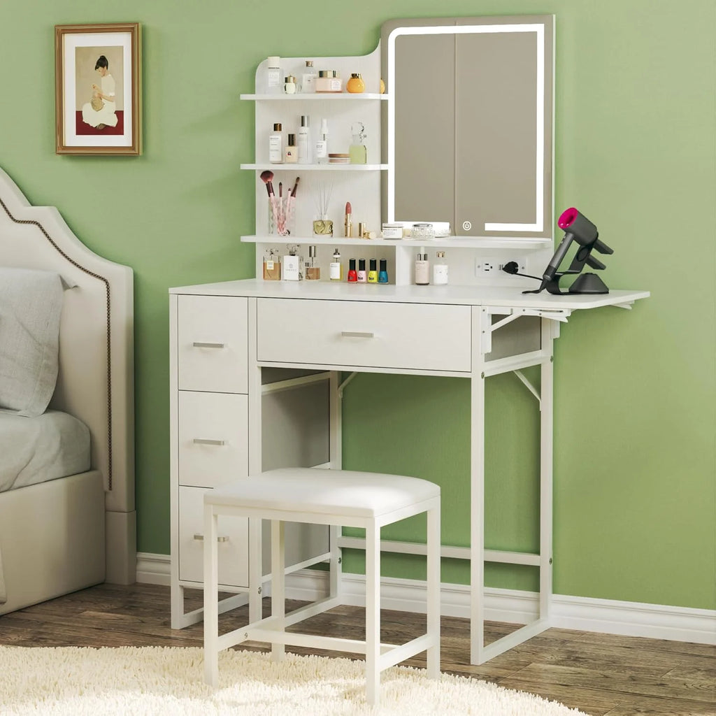 Fixwal 36.6" Makeup Vanity Table with 4 Drawers, LED Lighted Mirror & Charging Station