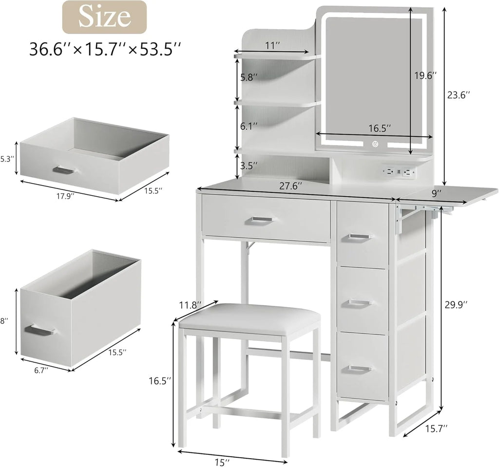Fixwal 36.6" Makeup Vanity Table with 4 Drawers, LED Lighted Mirror & Charging Station