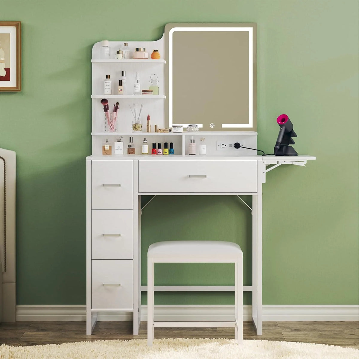 Fixwal 36.6" Makeup Vanity Table with 4 Drawers, LED Lighted Mirror & Charging Station
