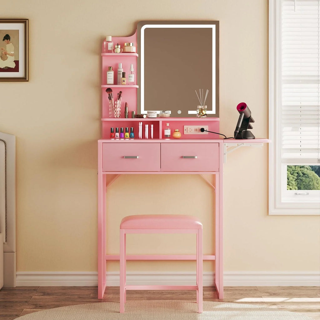 Fixwal 3-in-1 Compact Makeup Vanity Desk with Foldable Side Panel, LED Mirror & Power Outlet
