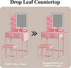 Fixwal 3-in-1 Compact Makeup Vanity Desk with Foldable Side Panel, LED Mirror & Power Outlet