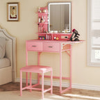 Fixwal 3-in-1 Compact Makeup Vanity Desk with Foldable Side Panel, LED Mirror & Power Outlet