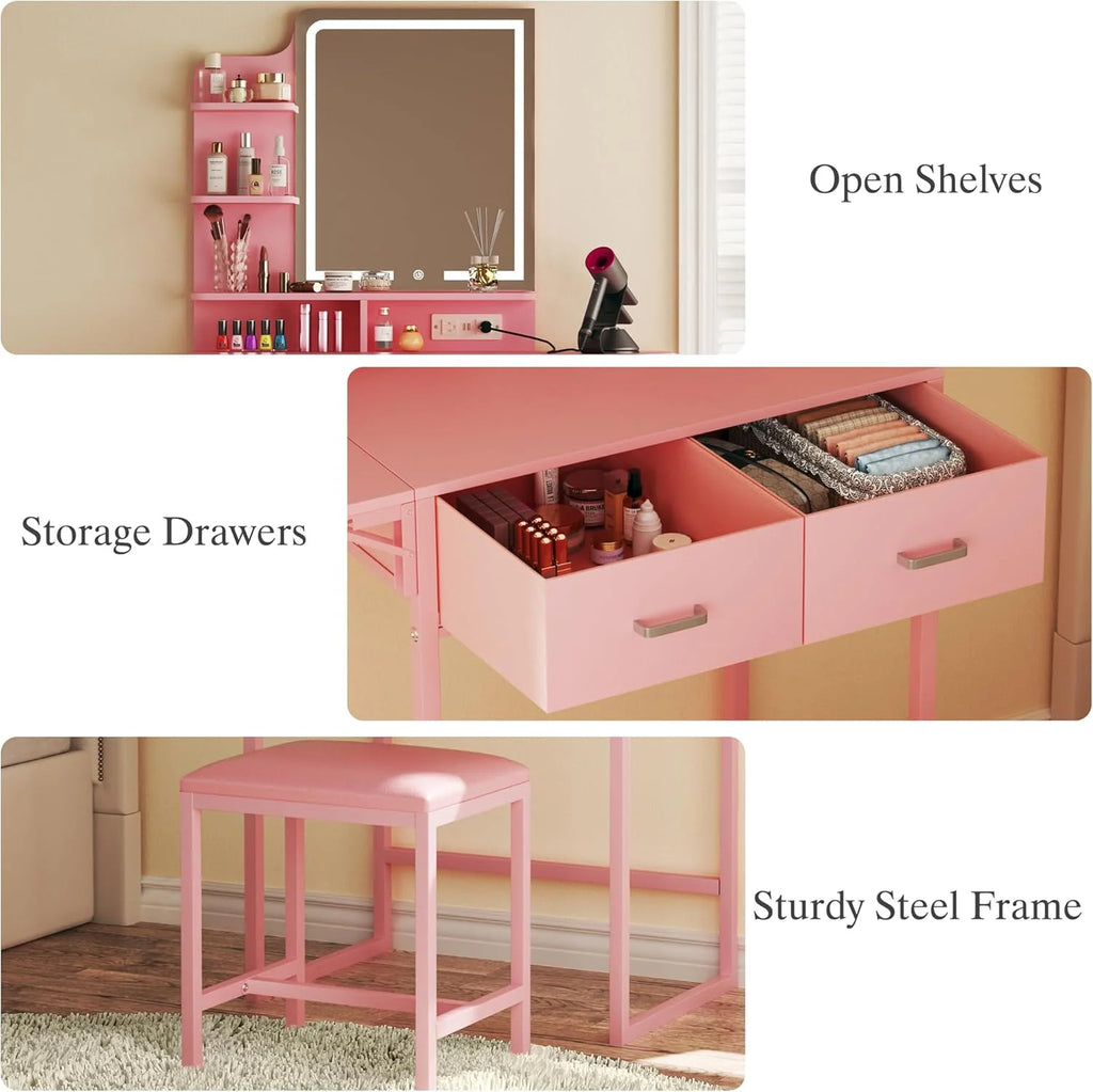 Fixwal 3-in-1 Compact Makeup Vanity Desk with Foldable Side Panel, LED Mirror & Power Outlet