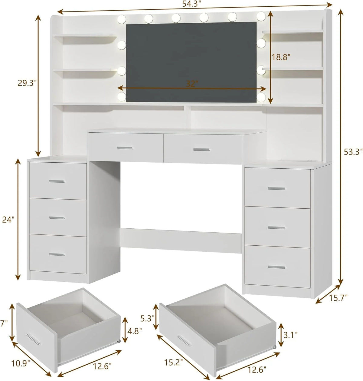 Fixwal 54.3" Professional Makeup Vanity Table with 8 Drawers, LED Hollywood Mirror & Charging Station, White