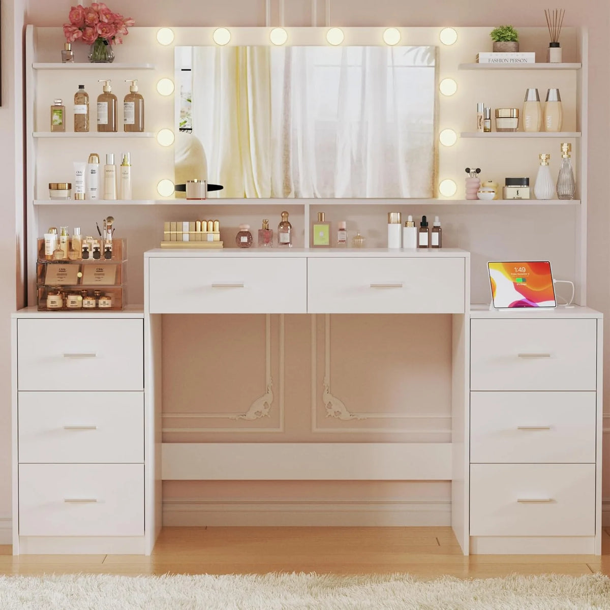 Fixwal 54.3" Professional Makeup Vanity Table with 8 Drawers, LED Hollywood Mirror & Charging Station, White